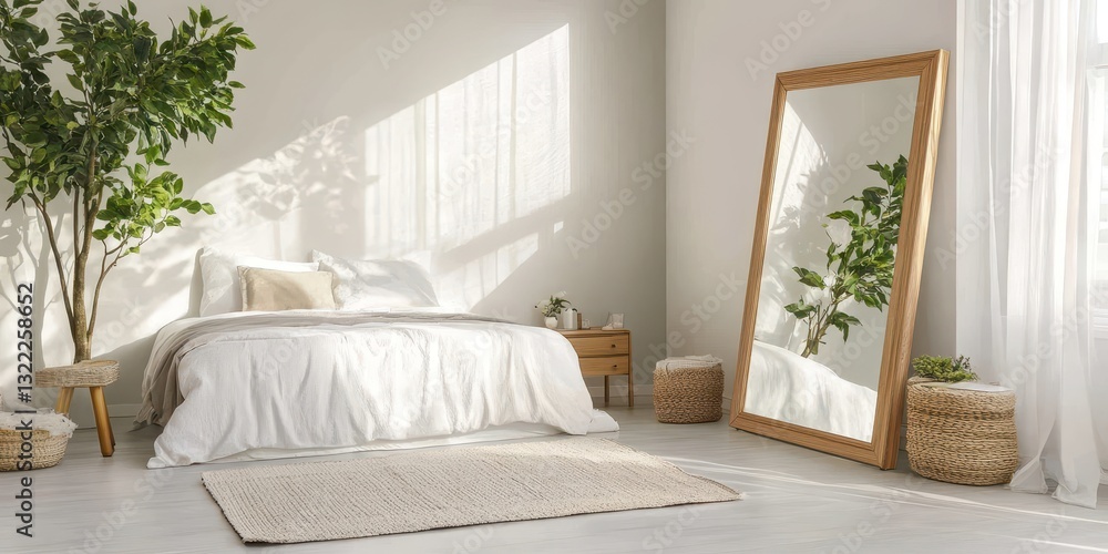 Sunlight illuminates a minimalist bedroom with neutral tones and natural decor Sunlight illuminates a minimalist bedroom with neutral tones and natural decor