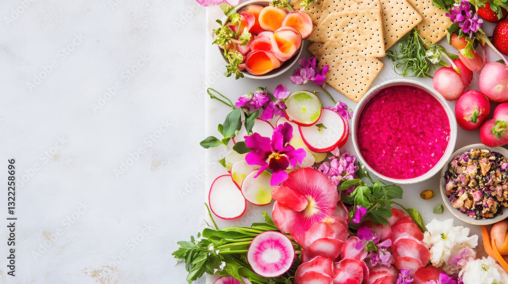 Vibrant pink beet hummus with fresh vegetables and crackers on white background Vibrant pink beet hummus with fresh vegetables and crackers on white background
