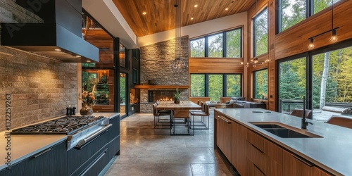 A modern open plan home interior with a fireplace view
