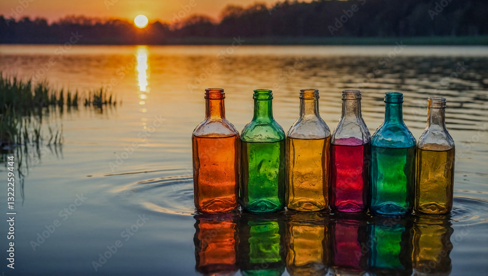Colorful glass bottles reflecting a warm sunset on a tranquil lake Colorful glass bottles reflecting a warm sunset on a tranquil lake