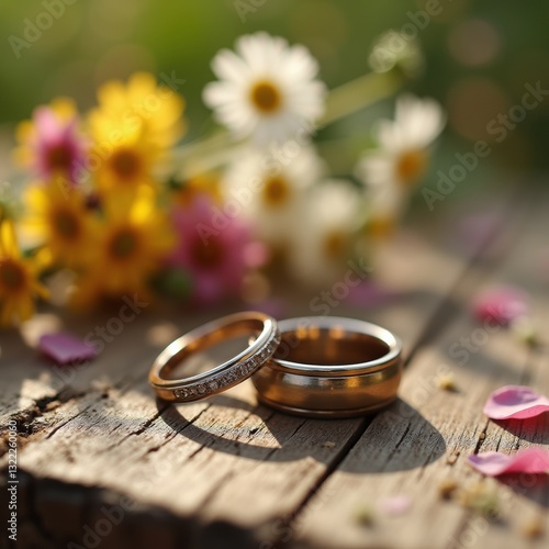 Wallpaper Mural Close-up of wedding rings on a rustic wooden table, surrounded by summer wildflowers and petals, warm sunlight, soft and natural atmosphere. Torontodigital.ca