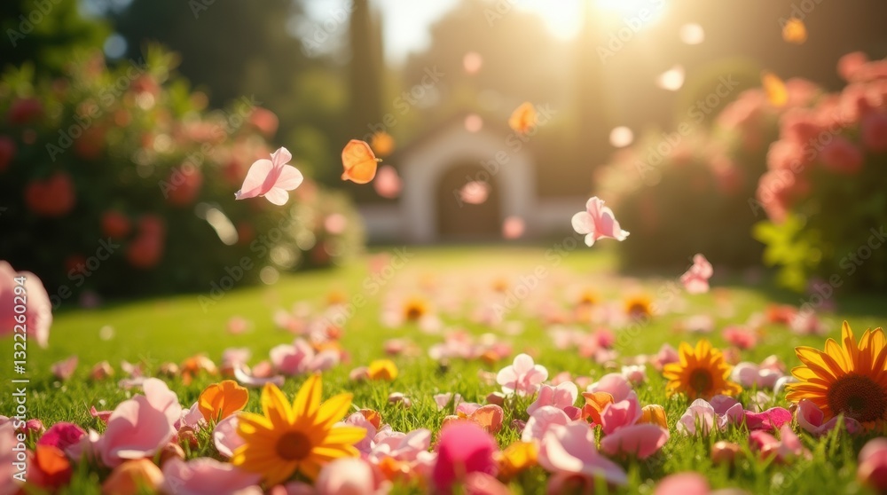 Fototapeta premium Flower petals falling at a summer wedding ceremony, vibrant colors, green garden backdrop, bright sunshine, romantic and joyful atmosphere.