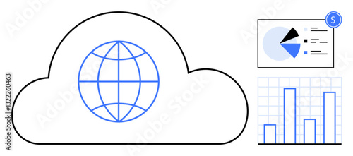 Globe inside cloud symbolizing cloud computing, adjacent to analytics with bar chart and pie chart. Ideal for technology, business insights, global communication, data management, finance