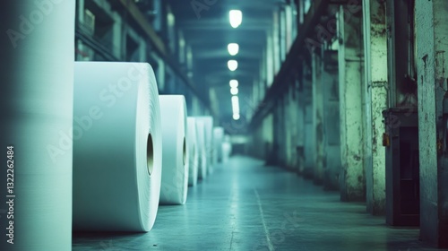White paper rolls line a dimly lit factory aisle, exuding an aura of industrial prowess and precise manufacturing.