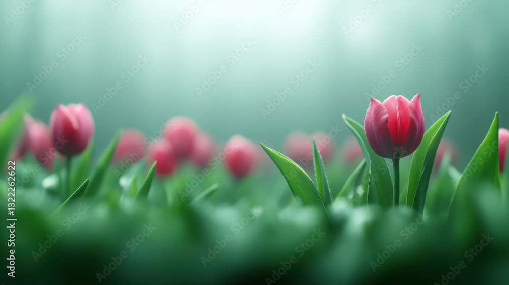 Φωτογραφία Vibrant pink tulips blooming in a misty green spring garden