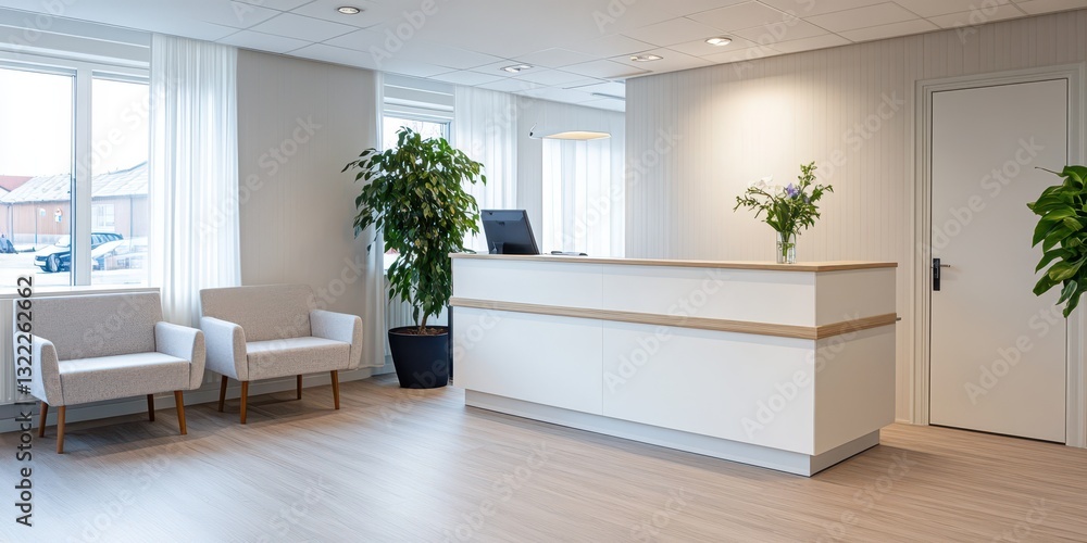 A clean modern reception area with seating and plants A clean modern reception area with seating and plants
