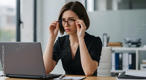 Worried Businesswoman Adjusting Glasses While Looking at Laptop Screen