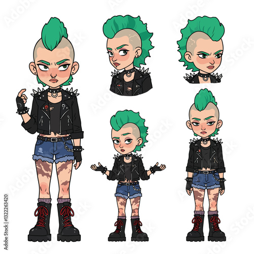 Punk character design featuring vibrant hair and edgy clothing in detailed vector illustration