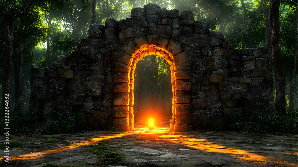Obraz premium Ancient archway, sunlit path in a mysterious forest