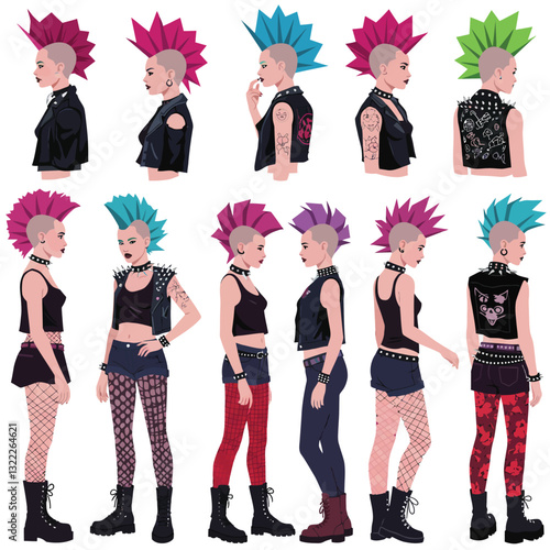Punk character transformation in minimal flat design vector art
