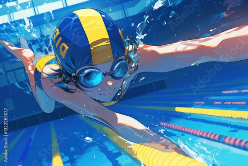 A young woman underwater swimming in a pool