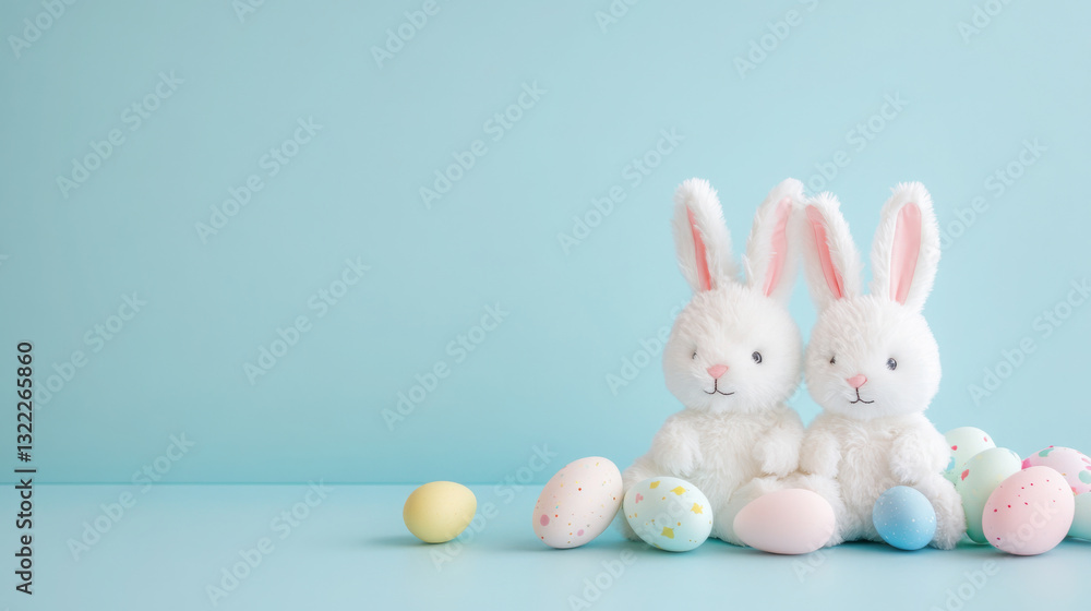 Fototapeta premium Cute white plush bunnies with colorful easter eggs on blue background
