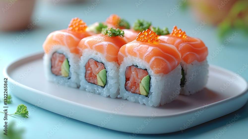 A 3D-rendered plate of sushi being served from a smartphone screen illustrating fresh food delivery on a blue background A 3D-rendered plate of sushi being served from a smartphone screen illustrating fresh food delivery on a blue background