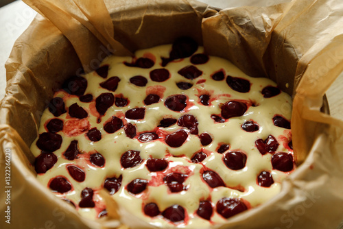 Mother and son are preparing a cherry cake together