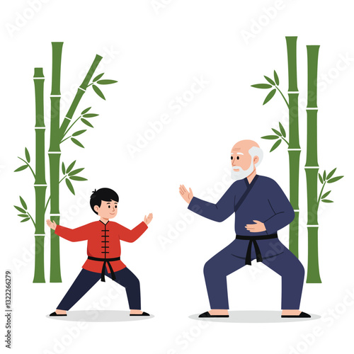 Martial arts training scene with a young boy and an elder master in flat vector art