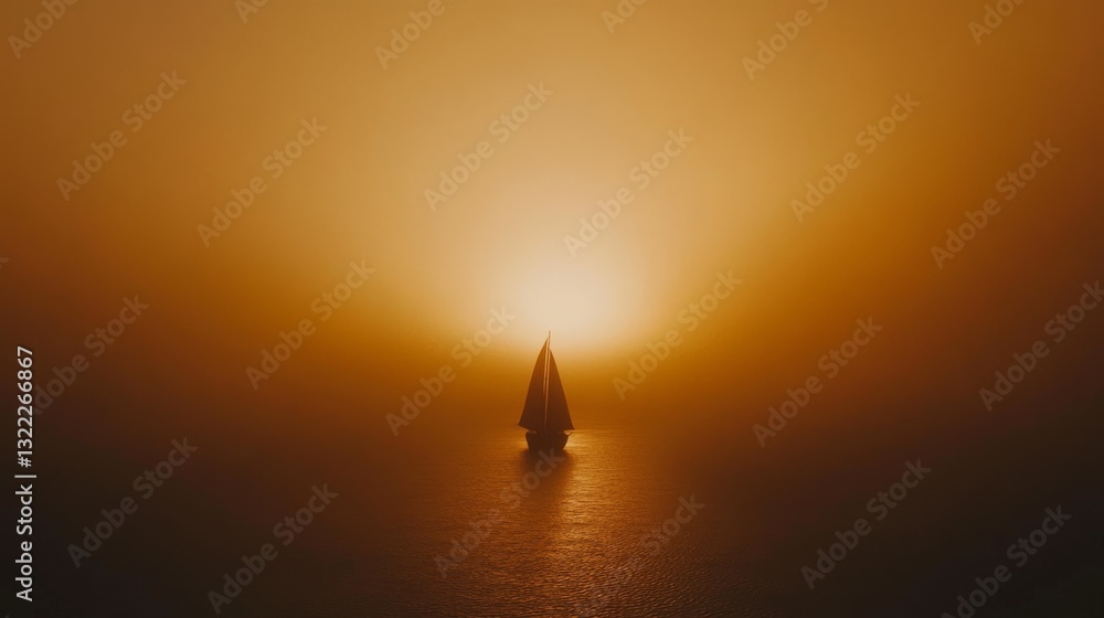 Fototapeta premium A solitary sailboat silhouetted against an amber sunset, gliding through still waters, embodies peace and freedom.