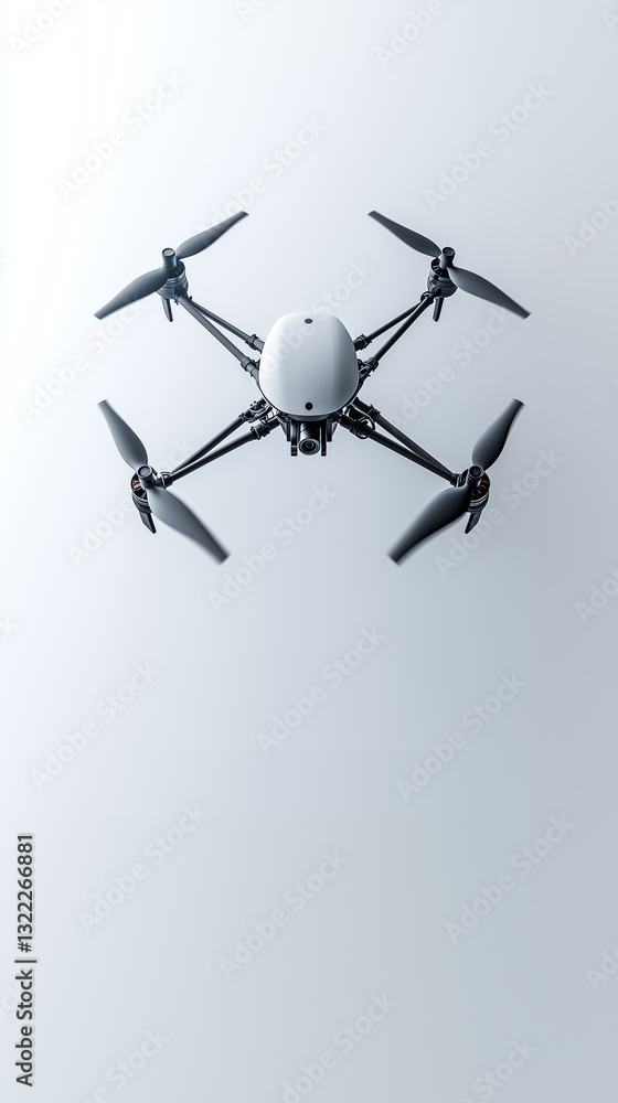 A modern quadcopter drone with a sleek design hovers against a plain white background, showcasing its minimalistic and futuristic aesthetics. A modern quadcopter drone with a sleek design hovers against a plain white background, showcasing its minimalistic and futuristic aesthetics.
