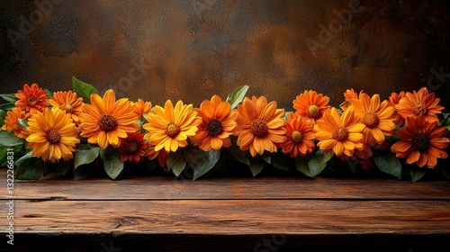 Wallpaper Mural Autumnal Orange Flowers on Rustic Wooden Table Torontodigital.ca