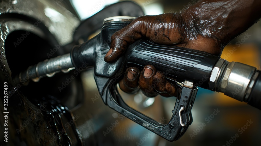 A man, his hands calloused and determined, grips a fuel nozzle, his eyes focused on the black liquid coursing from it into his car tank, a testament to the everyday rituals of life and mobility. A man, his hands calloused and determined, grips a fuel nozzle, his eyes focused on the black liquid coursing from it into his car tank, a testament to the everyday rituals of life and mobility.