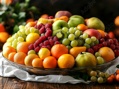 Assorted fresh fruits in glass bowl photo