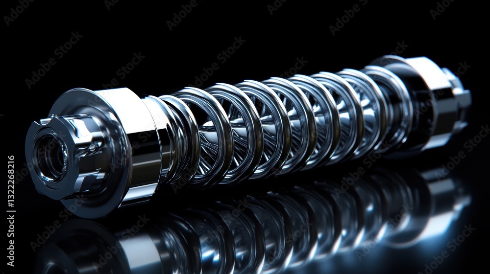 A chrome shock absorber, with its intricate details and a spring poised for action, stands ready to absorb the bumps and jolts of the road, a symbol of durability and resilience in the automotive A chrome shock absorber, with its intricate details and a spring poised for action, stands ready to absorb the bumps and jolts of the road, a symbol of durability and resilience in the automotive