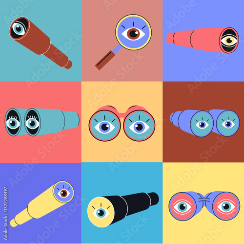 Different types of spyglasses, telescopes, binoculars icons set. Searching vector illustration