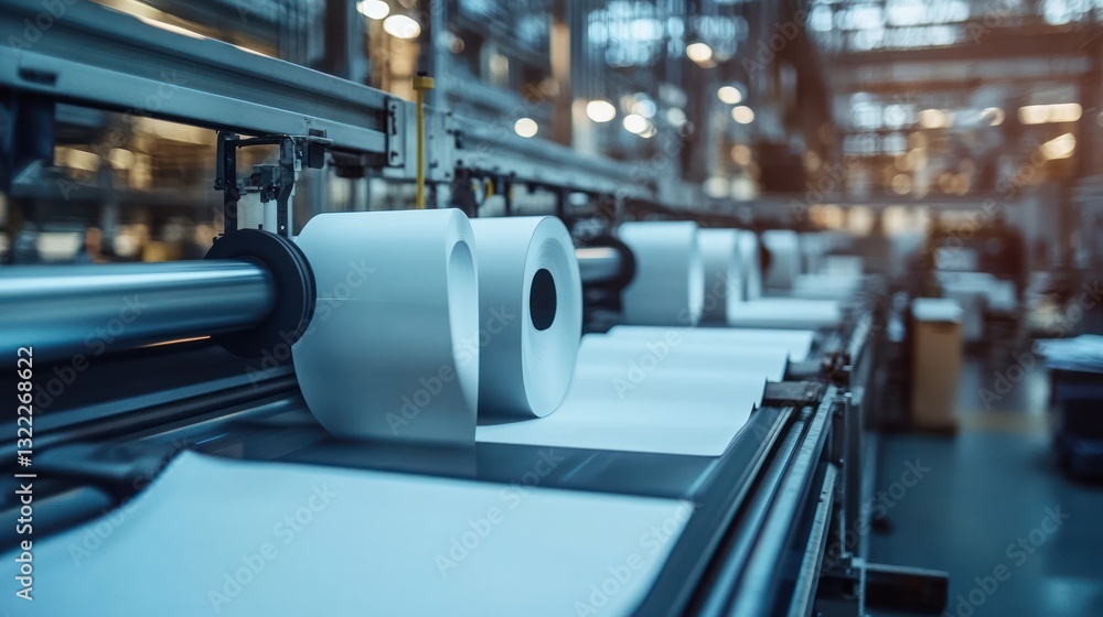 Industrial paper production line with large rolls of paper. Industrial paper production line with large rolls of paper.