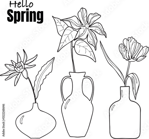Illustration fleur vase feuille printemps trait noir vecteur texte modifiable