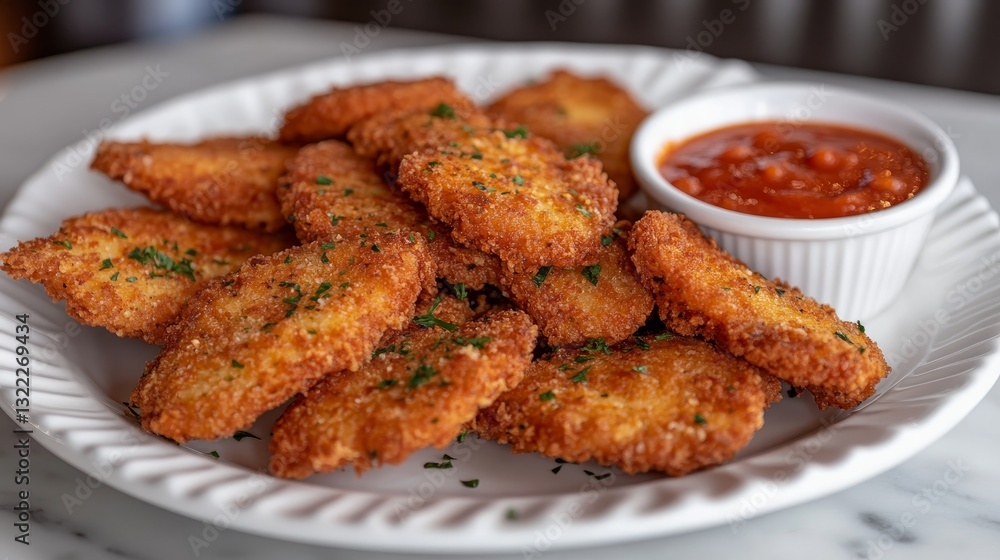Breaded chicken nuggets with marinara sauce and parsley topping on white plate Breaded chicken nuggets with marinara sauce and parsley topping on white plate
