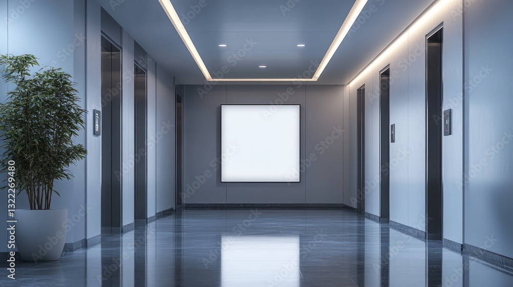 Modern office hallway with elevator and blank sign. Modern office hallway with elevator and blank sign.