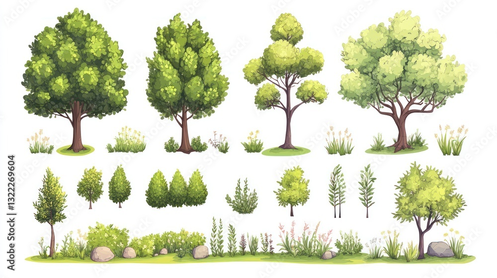 Fototapeta premium Collection of cartoon trees, shrubs, and plants.