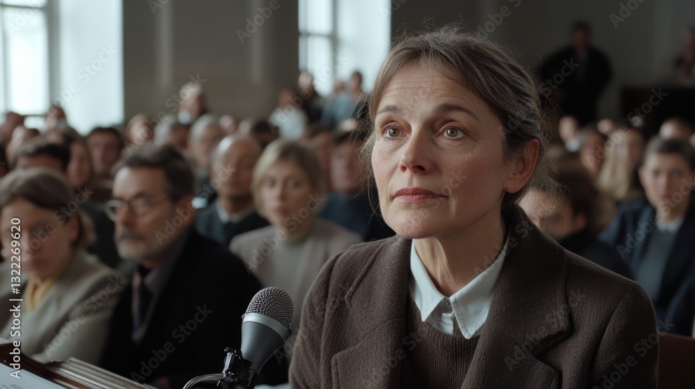 A composed woman sits attentively in a crowd, embodying focus and contemplation amidst a gathering of intent faces. A composed woman sits attentively in a crowd, embodying focus and contemplation amidst a gathering of intent faces.