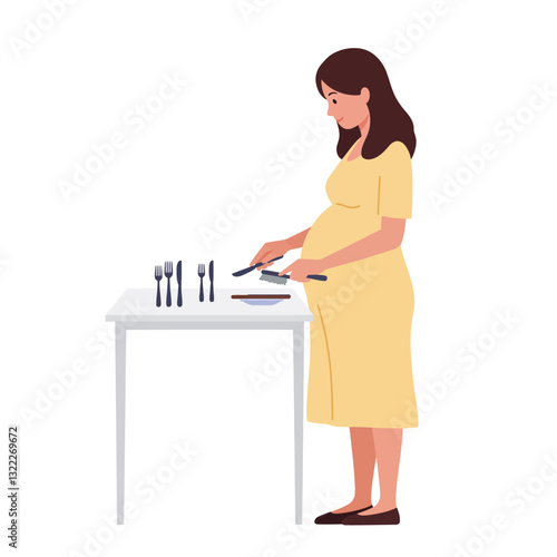 Woman arranging cutlery items on a table in a minimal vector illustration