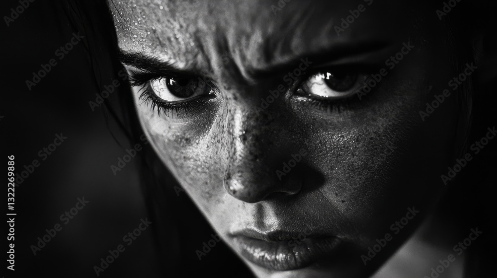 A freckled face shows fierce intensity; monochrome close-up highlights textured skin and piercing eyes filled with raw emotion. A freckled face shows fierce intensity; monochrome close-up highlights textured skin and piercing eyes filled with raw emotion.
