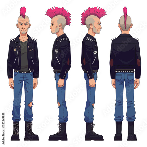 Punk character design featuring detailed flat illustration style in four unique views vector art