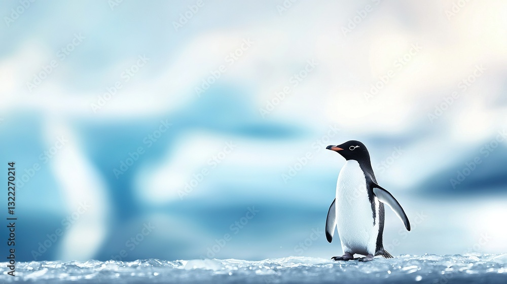 Obraz premium A monochrome penguin atop icy terrain, framed by azure skies with scattered cloud formations