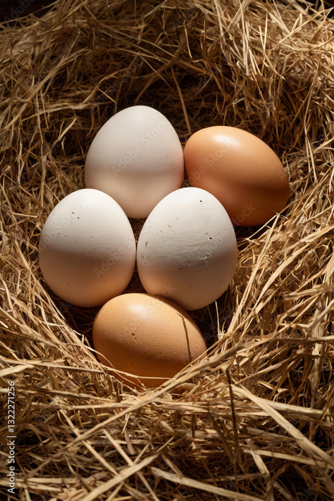 Chicken eggs nestled in hay, showcasing their natural and rustic charm, perfect for a farm-fresh and wholesome breakfast Chicken eggs nestled in hay, showcasing their natural and rustic charm, perfect for a farm-fresh and wholesome breakfast