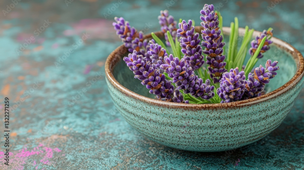 Fototapeta premium Lavender blooms in a teal bowl, against a mottled background