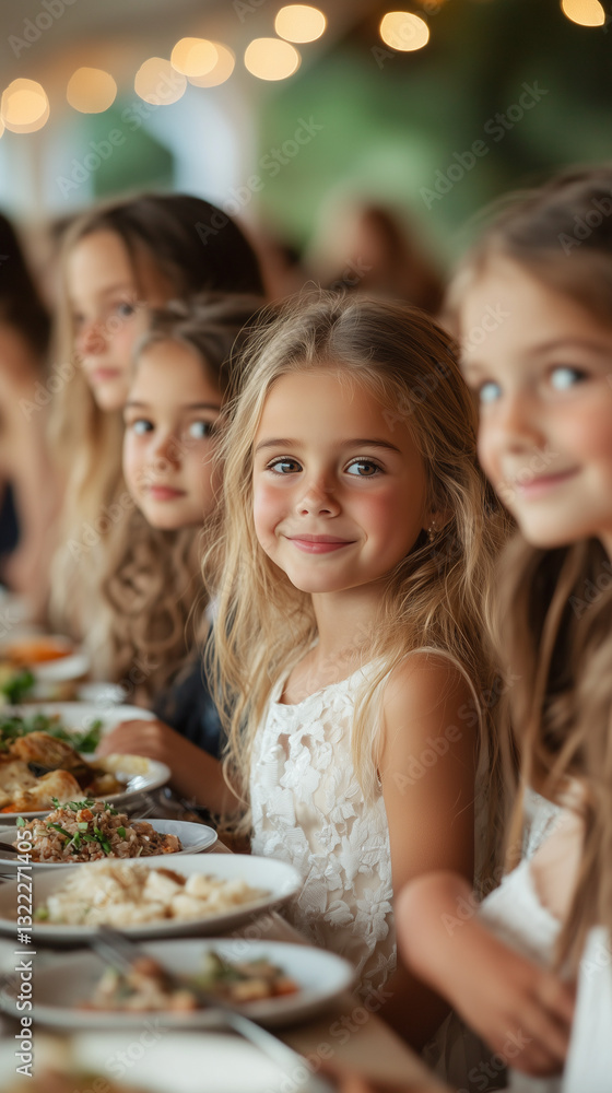 Fototapeta premium Smiling Young Girl at Elegant Wedding Reception Dinner Table - vertical format