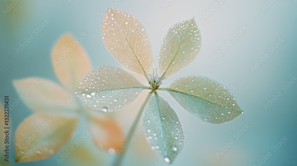 Fototapeta premium Dew-kissed leaves with delicate textures glistening against a soft morning backdrop, symbolizing freshness and renewal.