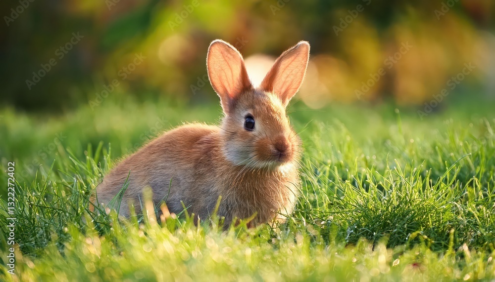 Playful Petite Bunny Amidst the Lush Green Meadow, Gazing Away with Cute Perked Ears and a Delightful Expressive Eye Twinkle. Playful Petite Bunny Amidst the Lush Green Meadow, Gazing Away with Cute Perked Ears and a Delightful Expressive Eye Twinkle.