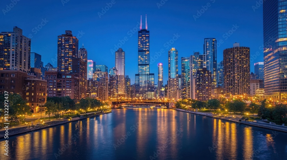 The city of Chicago showcases its stunning skyline at night with twinkling lights reflecting on the peaceful river. Skyscrapers stand majestically under the dark sky The city of Chicago showcases its stunning skyline at night with twinkling lights reflecting on the peaceful river. Skyscrapers stand majestically under the dark sky