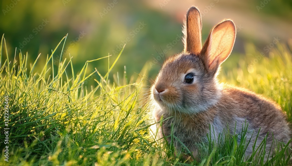 Fototapeta premium Playful Little Bunny Gazing into the Breeze, Frolicking Amidst Lush Green Grasslands with a Whimsical Aura, Capturing the Innocence of Natures Charm.