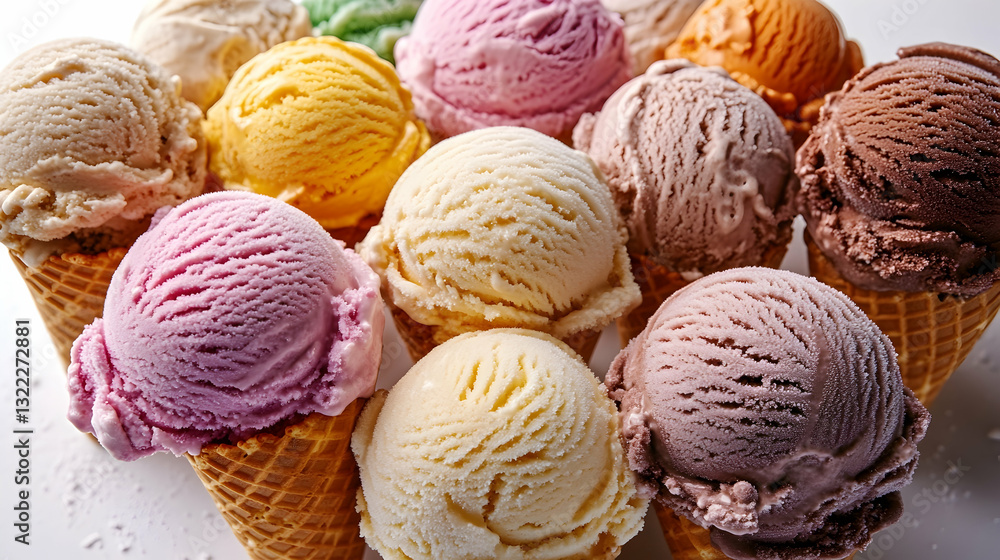 Fototapeta premium Assorted ice cream scoops in waffle cones (1)