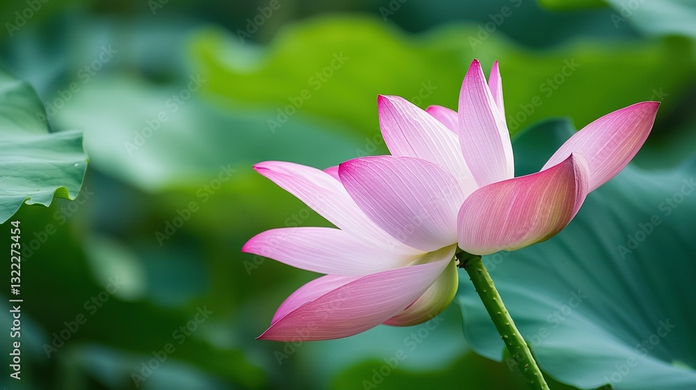 a pink lotus flower surrounded by green leaves in the background and blurry foreground foliage a pink lotus flower surrounded by green leaves in the background and blurry foreground foliage