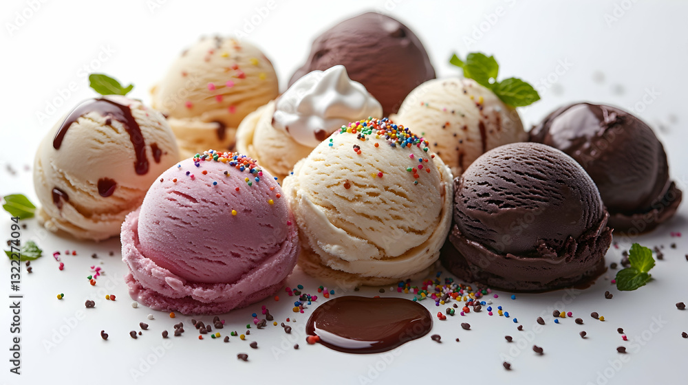Assorted scoops of ice cream with toppings Assorted scoops of ice cream with toppings