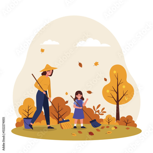 Mother and daughter raking leaves in autumn flat vector illustration