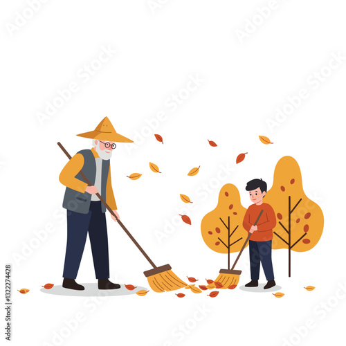 Grandfather and grandson raking leaves in autumn, flat vector illustration