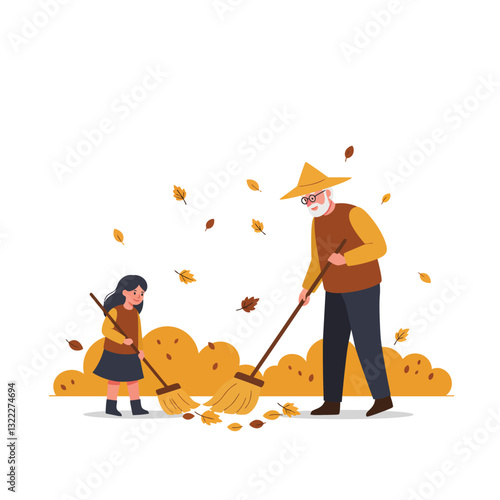 Grandfather and granddaughter raking leaves together in flat vector art illustration