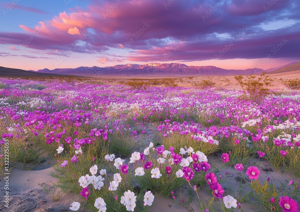 Obraz premium Vibrant Wildflower Landscape at Sunset with Pink and White Blossoms Under Dramatic Sky over Mountain Range in Desert Valley